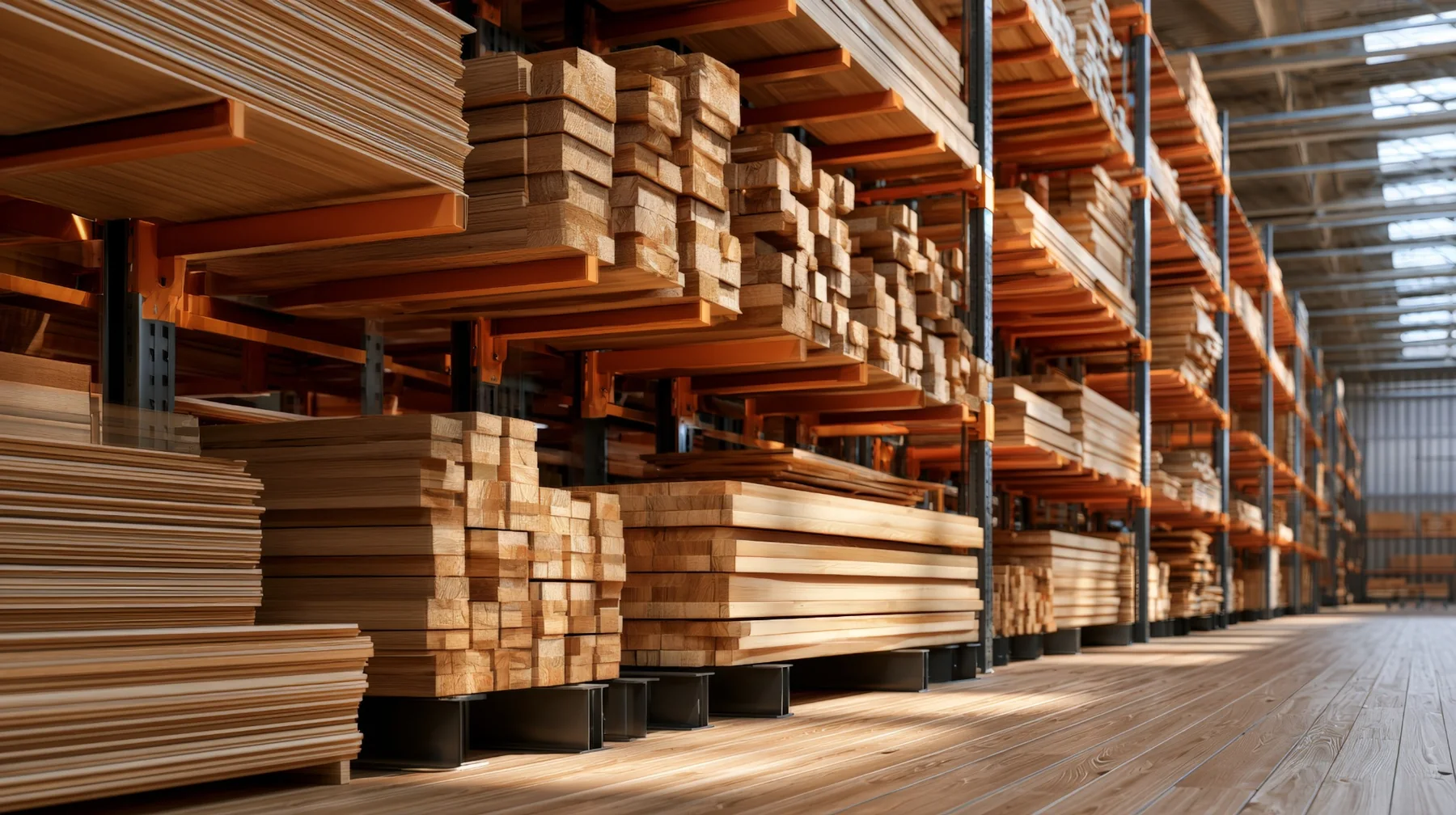 Commercial timber stock arranged in an industrial warehouse