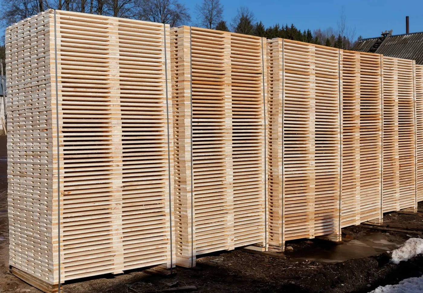 Kiln-dried timber stacked with spacers